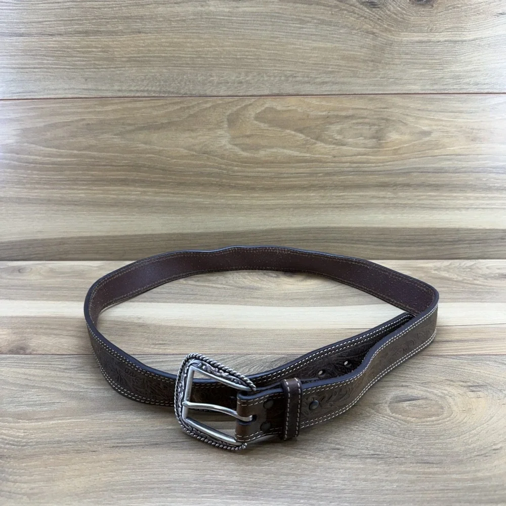 Ariat Tooled Mens Belt Size 38 Brown Leather Western Ranch Rodeo